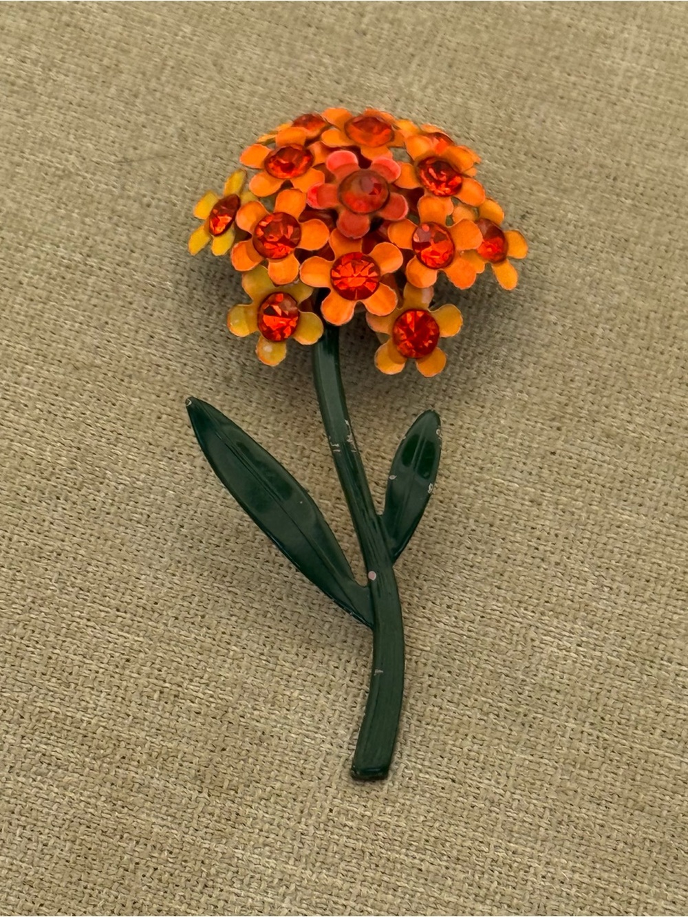 Vintage 1960s rhinestone Orange Flower Stem Brooch